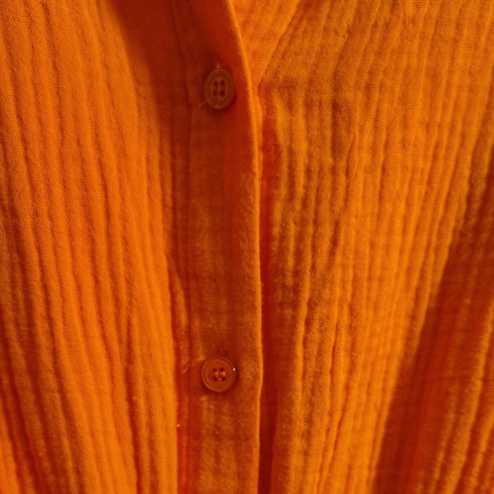 Bright Orange Button-Front Tie-Waist Gauze Romper - Picture 2 of 6